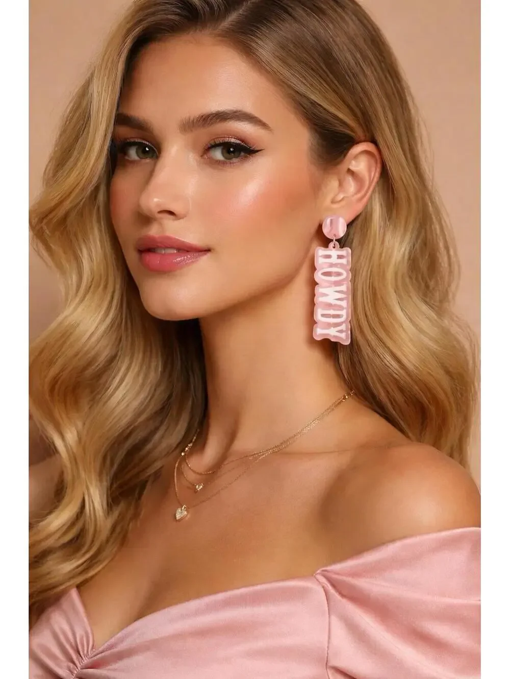 Plunder Howdy Earrings Pink Acrylic Western Cowgirl Dangle NIP Boho Rodeo